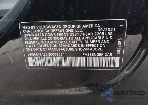 2022 Volkswagen Passat 2.0T R-Line from USA, damaged, VIN 1VWMA7A33NC003624